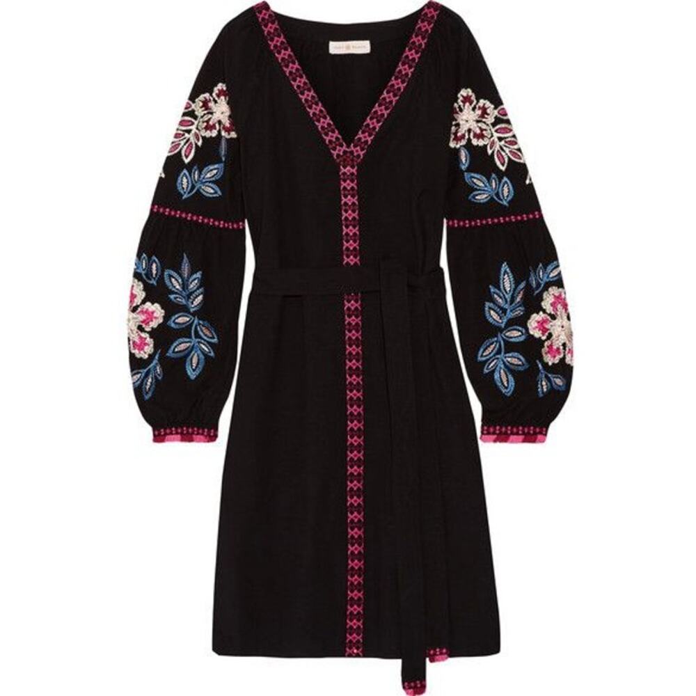 Tory Burch Black Mini Dress with Pink, Blue & White Floral Embroidery